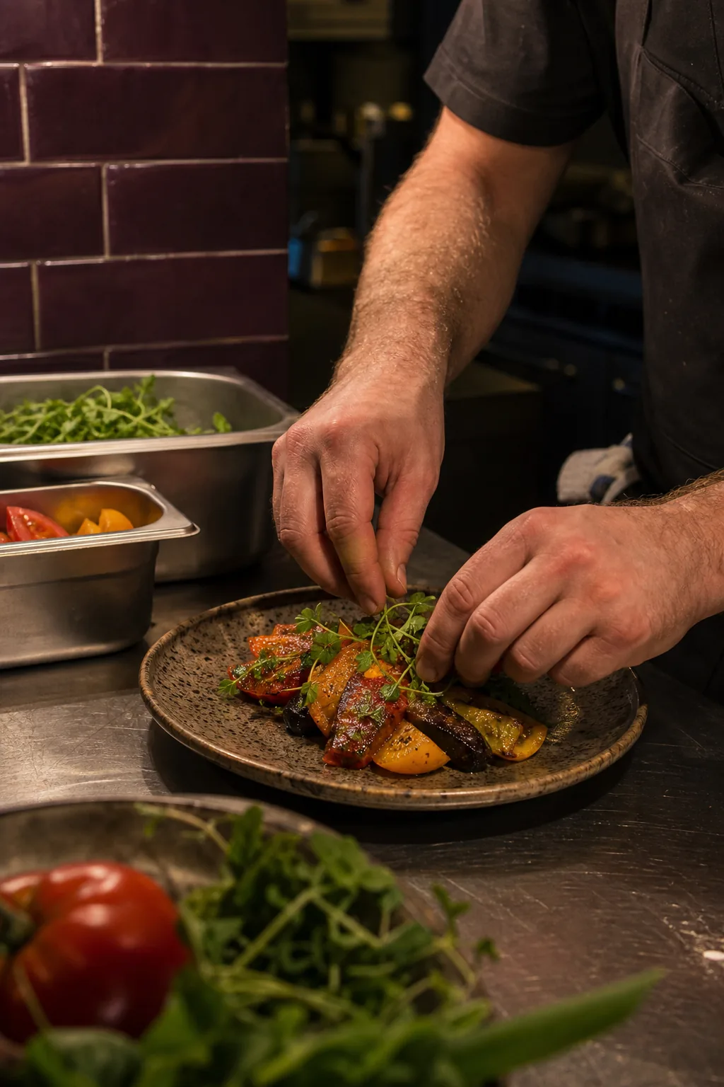 A cook finishing a plate of seasonal vegetables at the open kitchen pass