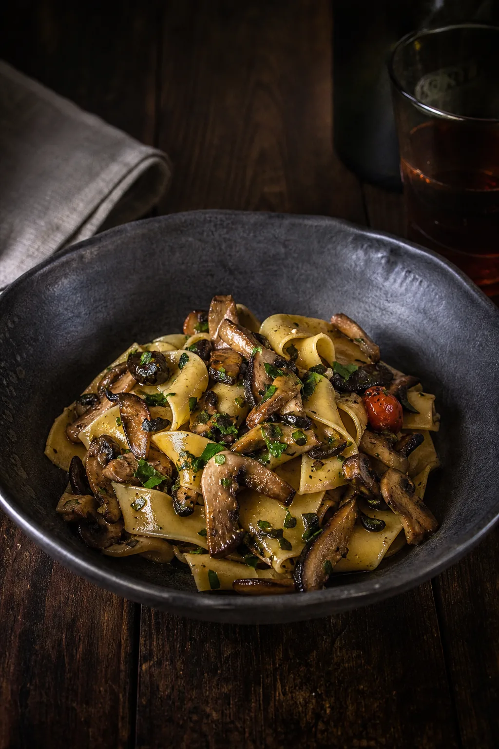 Hand-cut pappardelle with roasted mushrooms in a charcoal ceramic bowl